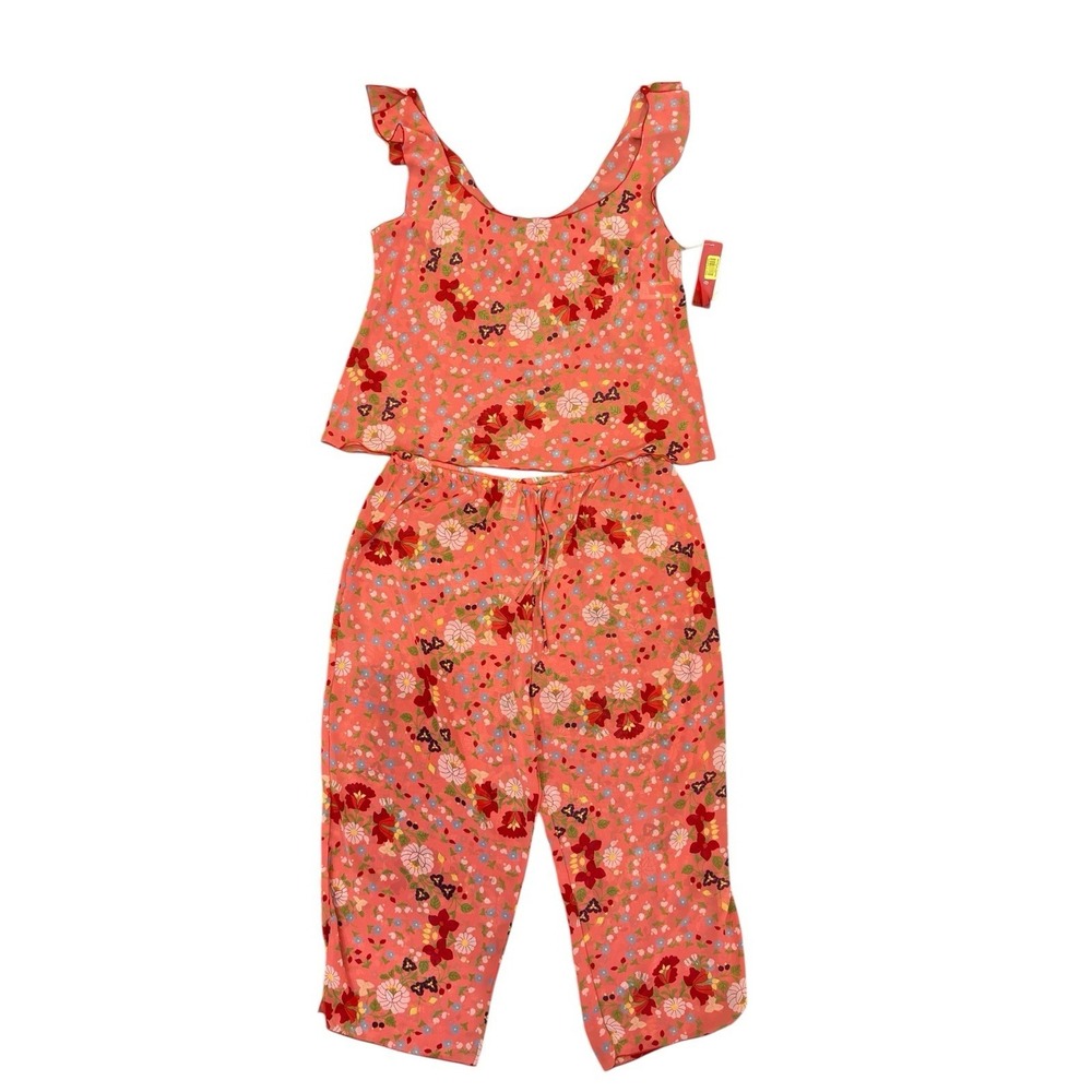 Josie Natori Pajama Set Sheer Floral Cami Wide Leg Crop Pant Sz L Pink Soft Girl